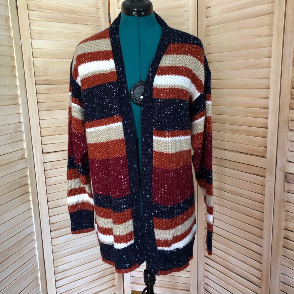 UpWest Knit Open Cardigan in Red, Blue, and White Stripes